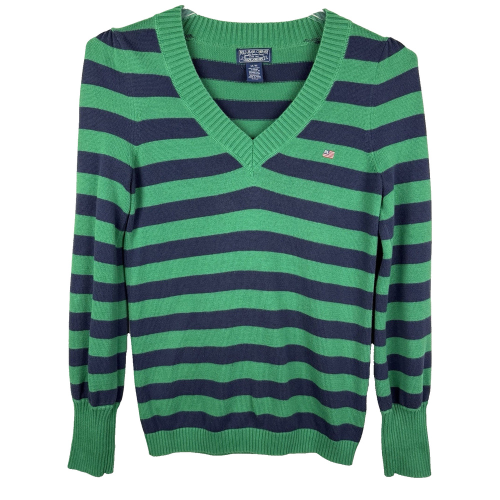 VTG Ralph Lauren Polo Jeans Co Sweater Women's M Blue Green Striped Flag Logo